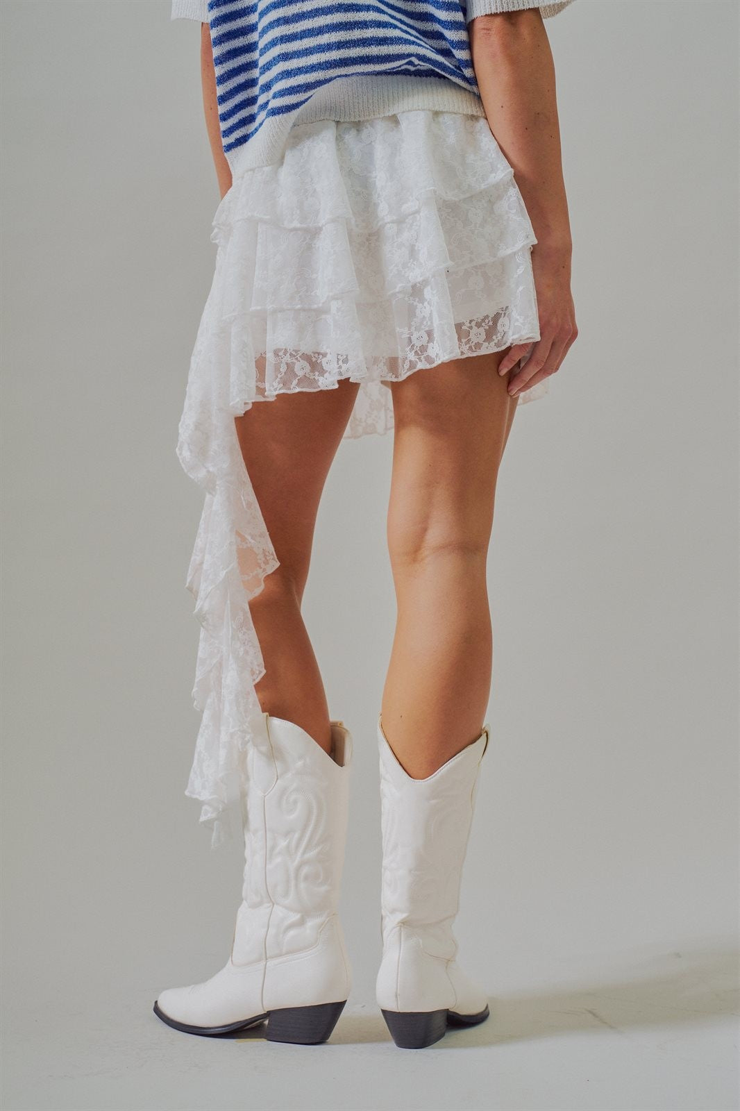 Tiered Lace Ruffle Mini Skirt with Asymmetric Hem in White - Women's Wholesale Skirts | Trend Notes