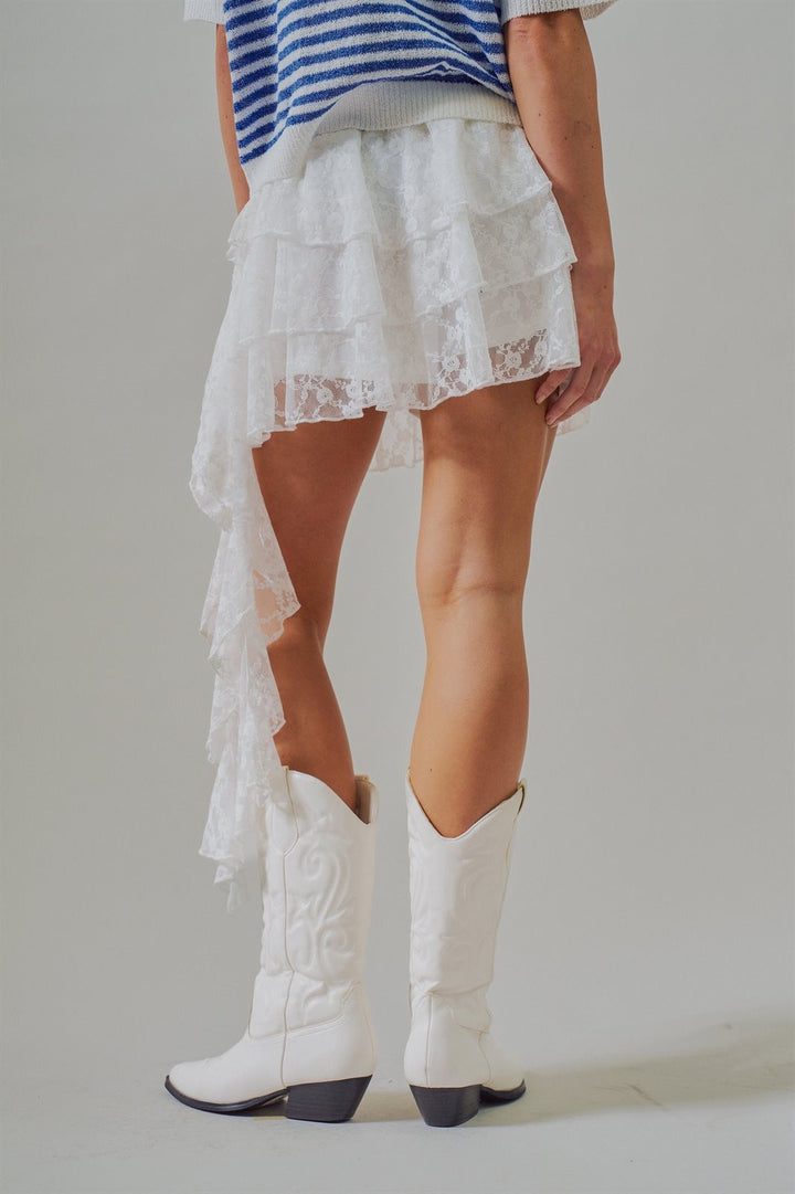 Tiered Lace Ruffle Mini Skirt with Asymmetric Hem in White - Women's Wholesale Skirts | Trend Notes