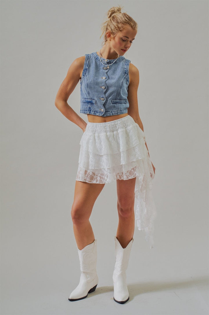 Tiered Lace Ruffle Mini Skirt with Asymmetric Hem in White - Women's Wholesale Skirts | Trend Notes