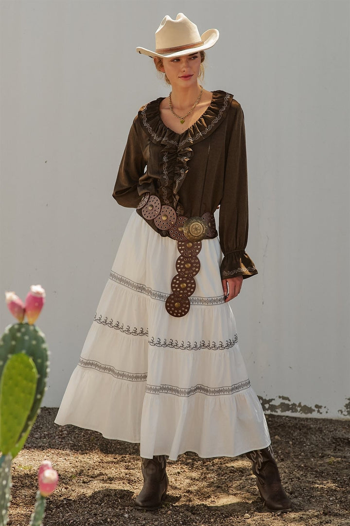 Embroidered White Tiered Maxi Skirt Western Cowgirl Prairie  in Ivory - Women's Wholesale Skirts | Trend Notes
