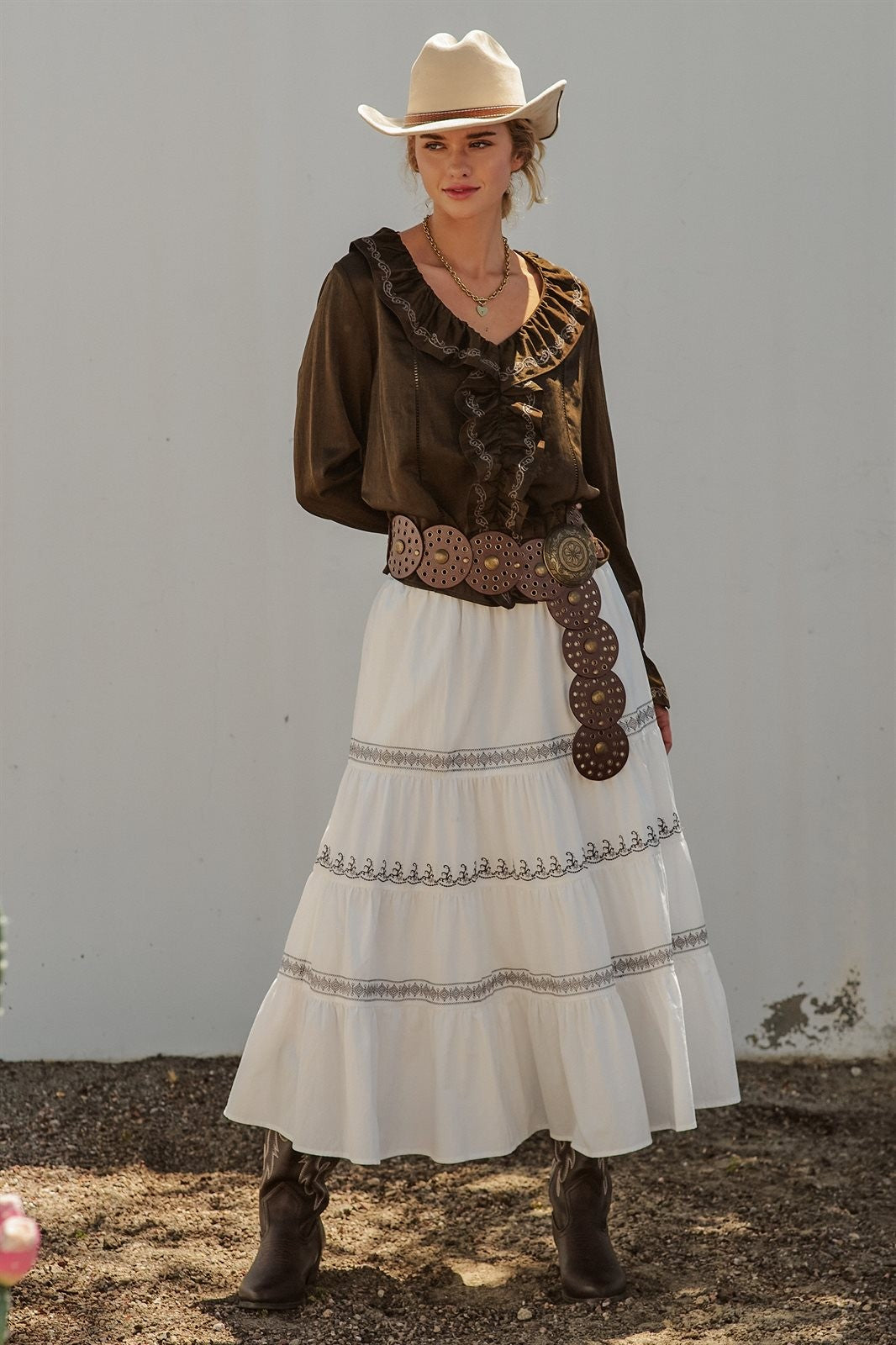 Embroidered White Tiered Maxi Skirt Western Cowgirl Prairie  in Ivory - Women's Wholesale Skirts | Trend Notes