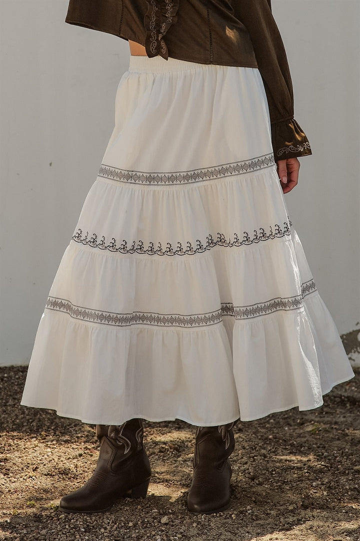 Embroidered White Tiered Maxi Skirt Western Cowgirl Prairie  in Ivory - Women's Wholesale Skirts | Trend Notes
