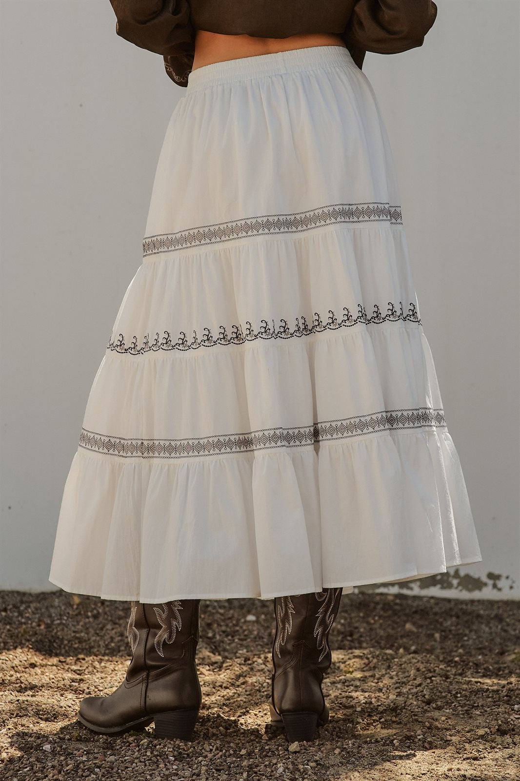 Embroidered White Tiered Maxi Skirt Western Cowgirl Prairie  in Ivory - Women's Wholesale Skirts | Trend Notes