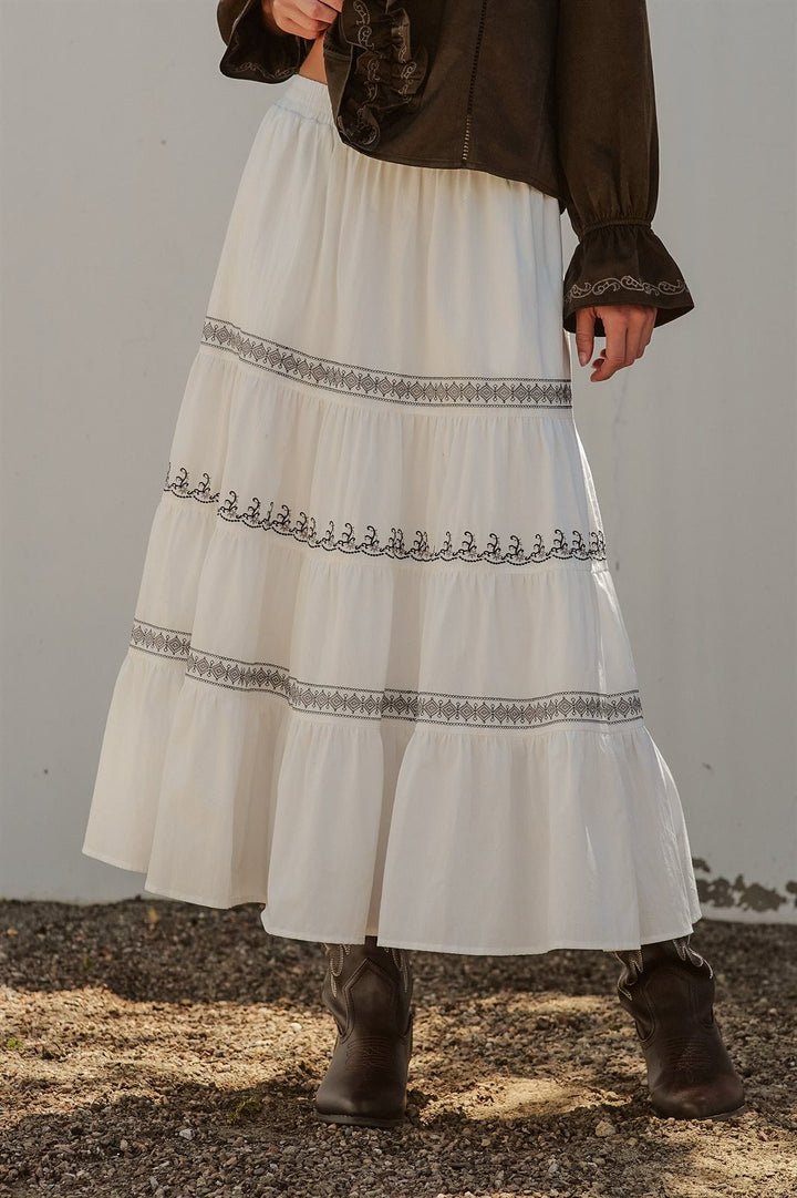 Embroidered White Tiered Maxi Skirt Western Cowgirl Prairie  in Ivory - Women's Wholesale Skirts | Trend Notes