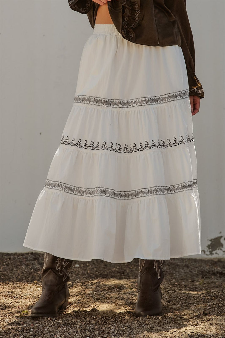Embroidered White Tiered Maxi Skirt Western Cowgirl Prairie  in Ivory - Women's Wholesale Skirts | Trend Notes