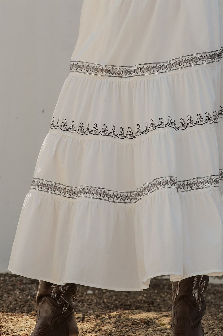 Embroidered White Tiered Maxi Skirt Western Cowgirl Prairie  in Ivory - Women's Wholesale Skirts | Trend Notes