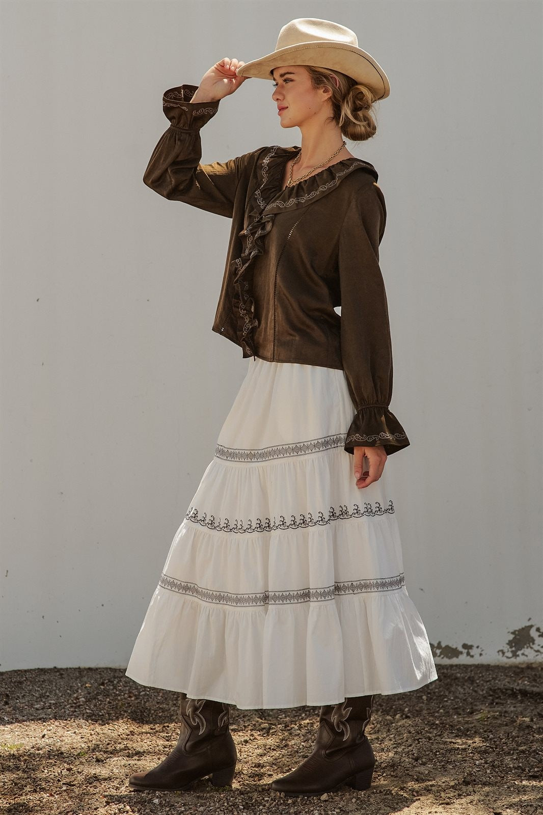 Embroidered White Tiered Maxi Skirt Western Cowgirl Prairie  in Ivory - Women's Wholesale Skirts | Trend Notes