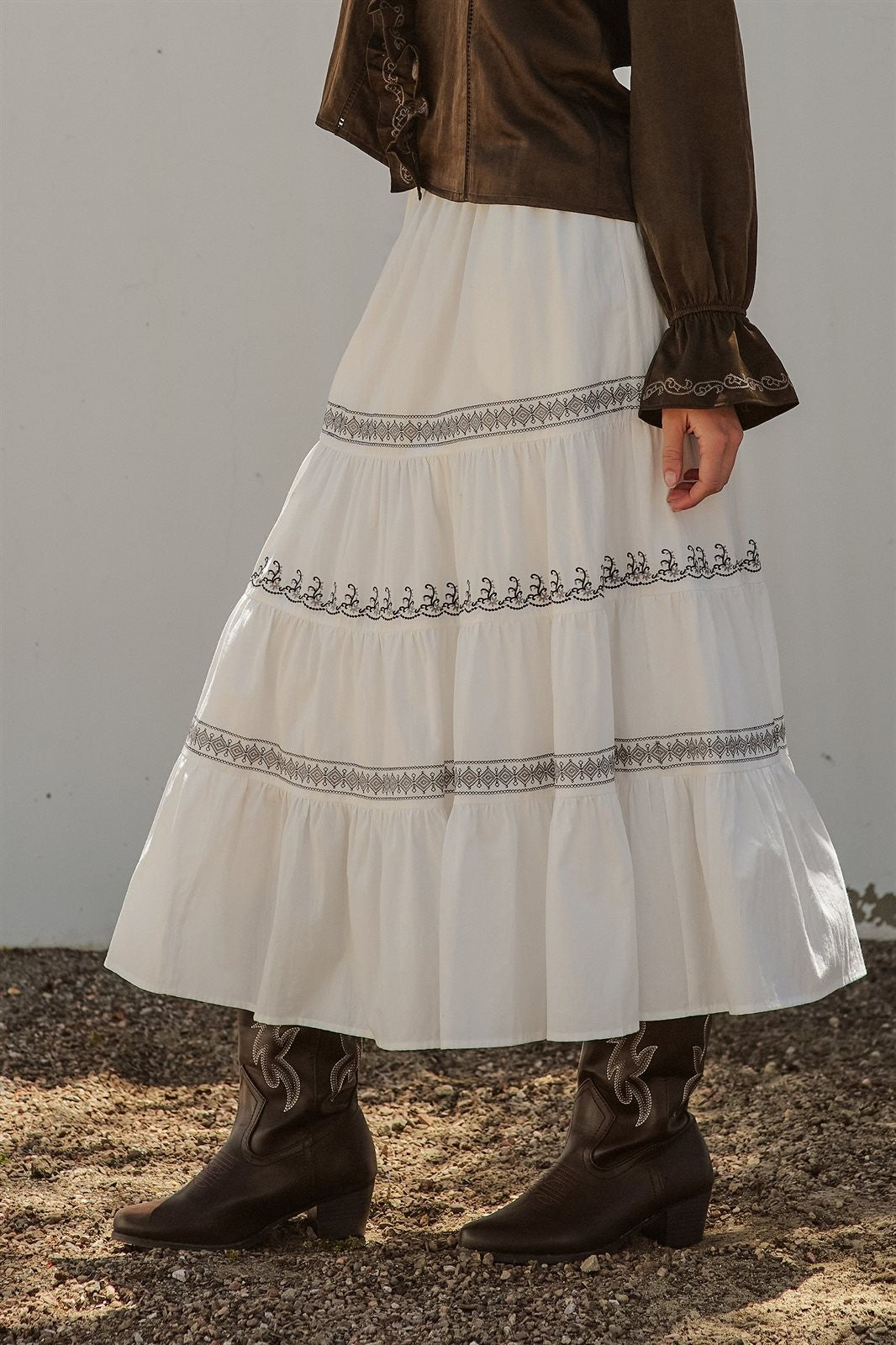 Embroidered White Tiered Maxi Skirt Western Cowgirl Prairie  in Ivory - Women's Wholesale Skirts | Trend Notes