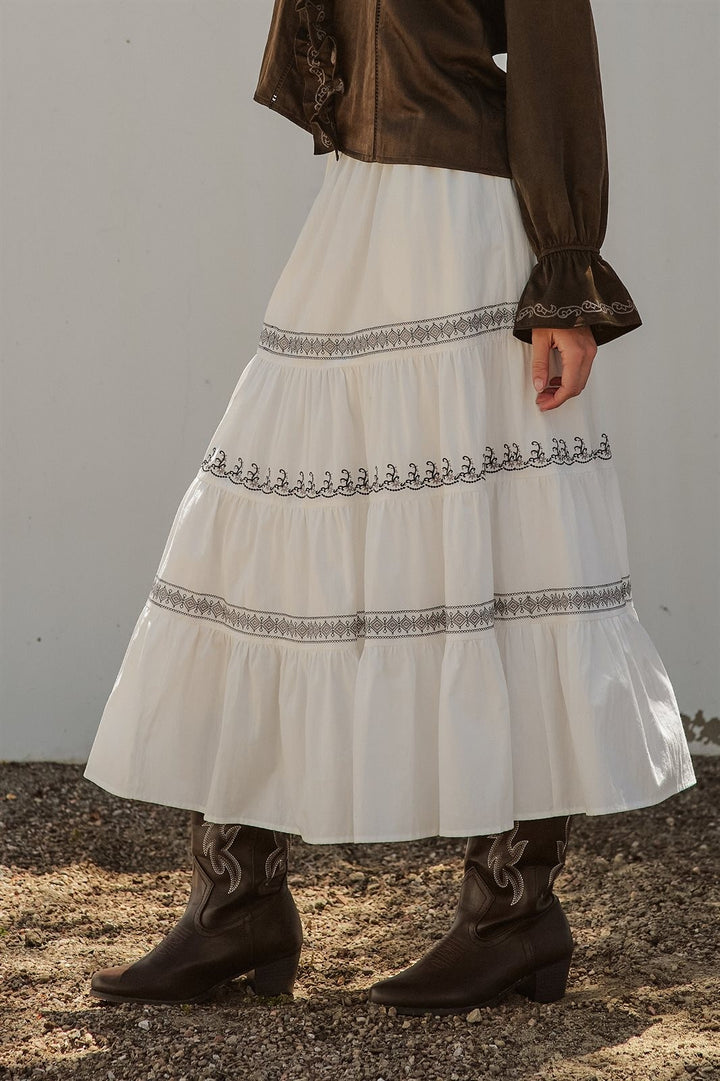 Embroidered White Tiered Maxi Skirt Western Cowgirl Prairie  in Ivory - Women's Wholesale Skirts | Trend Notes
