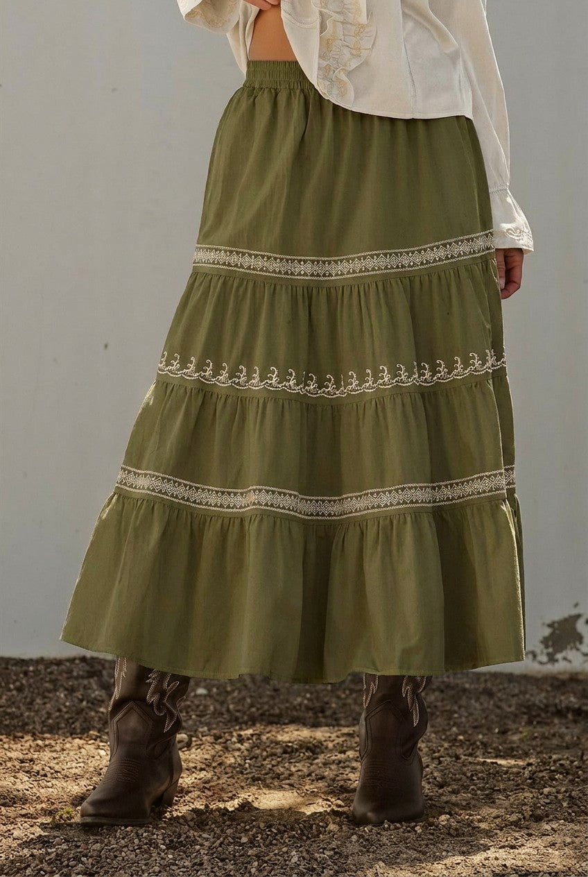 Embroidered White Tiered Maxi Skirt Western Cowgirl Prairie  in Olive - Women's Wholesale Skirts | Trend Notes