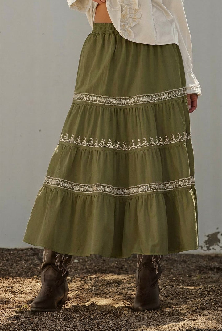 Embroidered White Tiered Maxi Skirt Western Cowgirl Prairie  in Olive - Women's Wholesale Skirts | Trend Notes