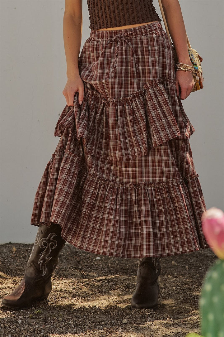 Plaid Tiered Ruffle Maxi Skirt Western Cowgirl Boho Long Ski in Brown - Women's Wholesale Skirts | Trend Notes
