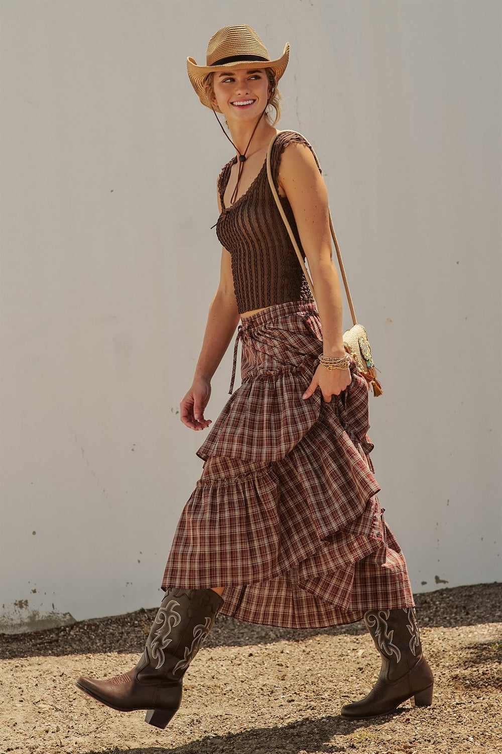 Plaid Tiered Ruffle Maxi Skirt Western Cowgirl Boho Long Ski in Brown - Women's Wholesale Skirts | Trend Notes