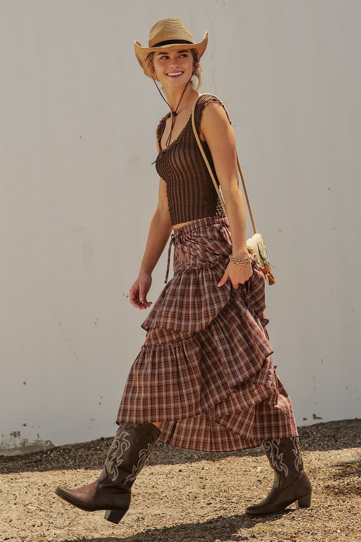 Plaid Tiered Ruffle Maxi Skirt Western Cowgirl Boho Long Ski in Brown - Women's Wholesale Skirts | Trend Notes