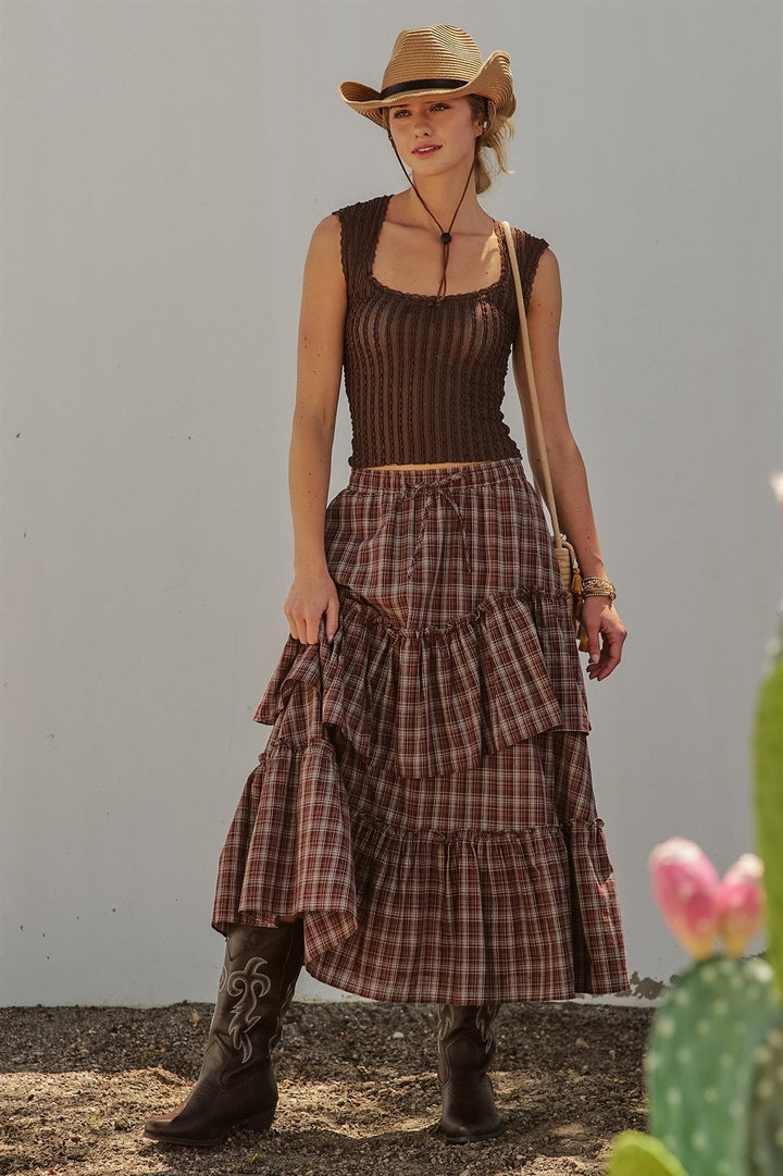 Plaid Tiered Ruffle Maxi Skirt Western Cowgirl Boho Long Ski in Brown - Women's Wholesale Skirts | Trend Notes