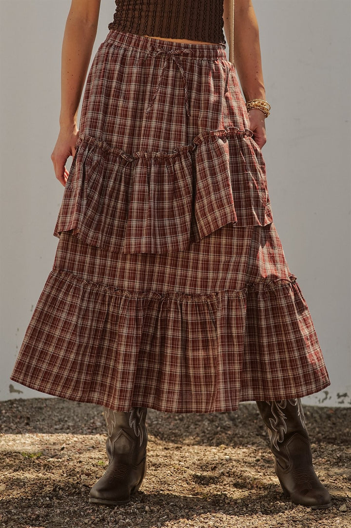 Plaid Tiered Ruffle Maxi Skirt Western Cowgirl Boho Long Ski in Brown - Women's Wholesale Skirts | Trend Notes
