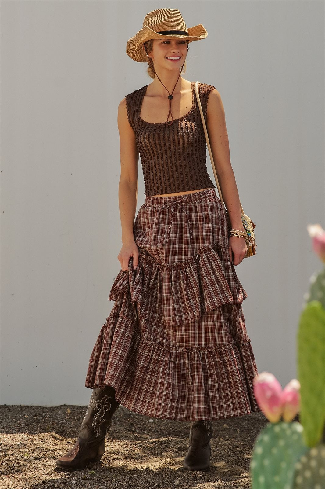 Plaid Tiered Ruffle Maxi Skirt Western Cowgirl Boho Long Ski in Brown - Women's Wholesale Skirts | Trend Notes