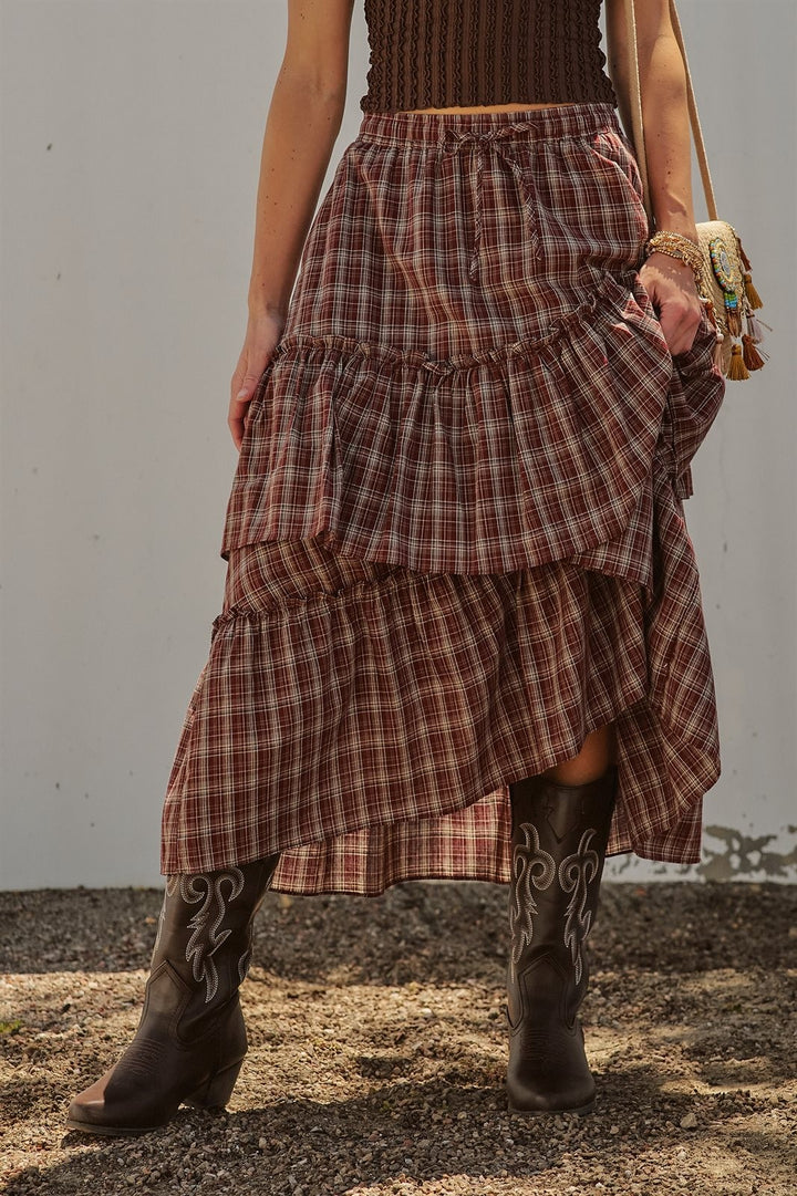 Plaid Tiered Ruffle Maxi Skirt Western Cowgirl Boho Long Ski in Brown - Women's Wholesale Skirts | Trend Notes