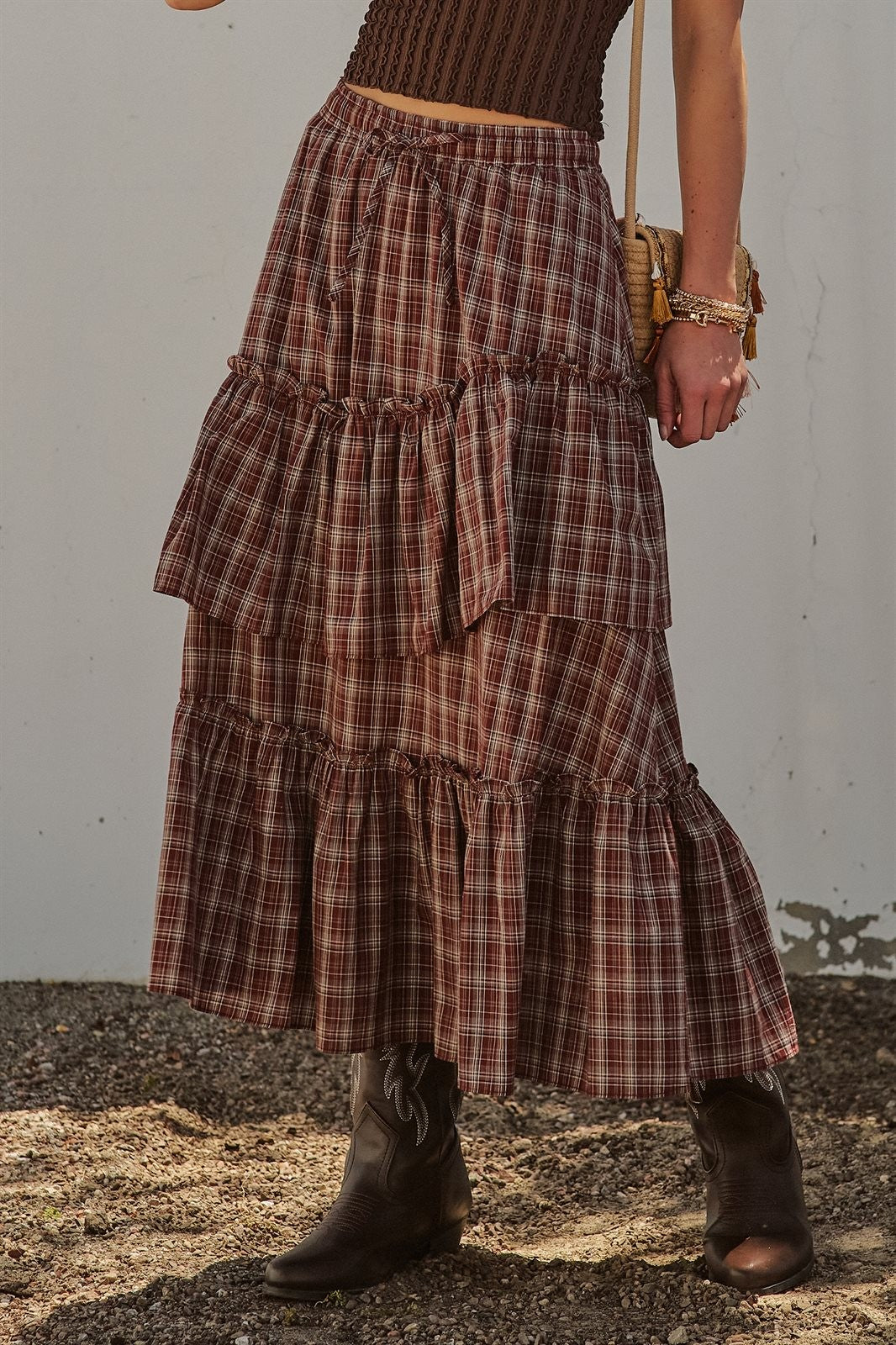 Plaid Tiered Ruffle Maxi Skirt Western Cowgirl Boho Long Ski in Brown - Women's Wholesale Skirts | Trend Notes