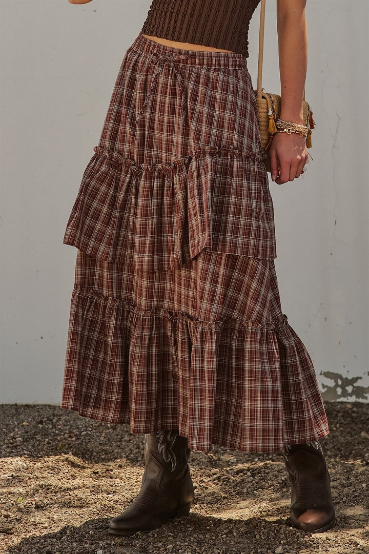 Plaid Tiered Ruffle Maxi Skirt Western Cowgirl Boho Long Ski in Brown - Women's Wholesale Skirts | Trend Notes