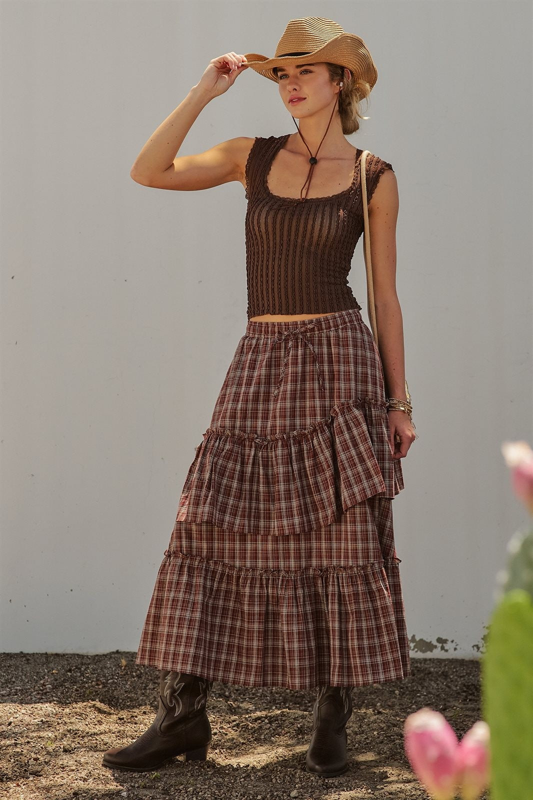 Plaid Tiered Ruffle Maxi Skirt Western Cowgirl Boho Long Ski in Brown - Women's Wholesale Skirts | Trend Notes