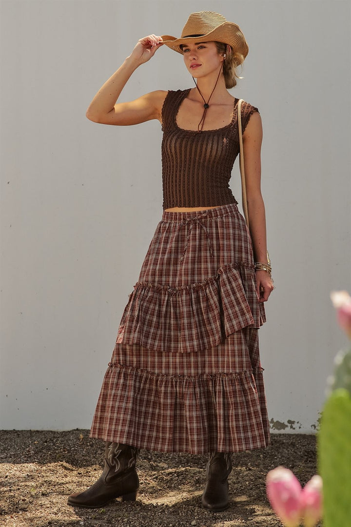 Plaid Tiered Ruffle Maxi Skirt Western Cowgirl Boho Long Ski in Brown - Women's Wholesale Skirts | Trend Notes