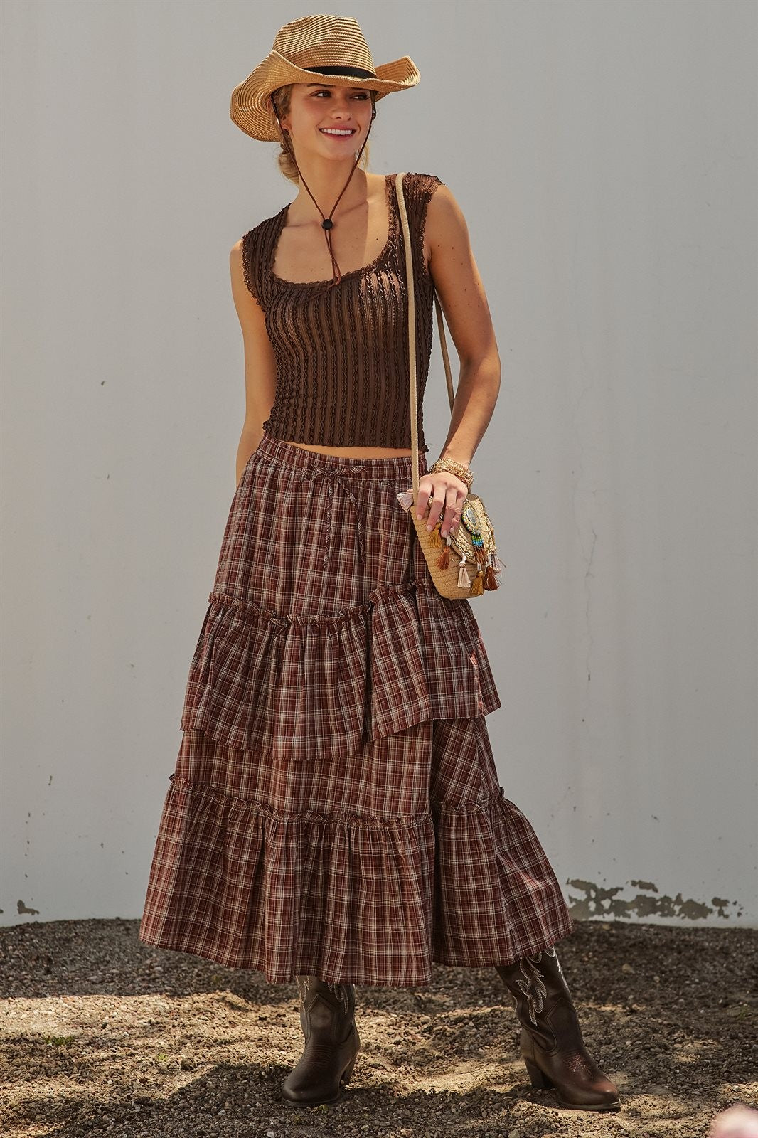 Plaid Tiered Ruffle Maxi Skirt Western Cowgirl Boho Long Ski in Brown - Women's Wholesale Skirts | Trend Notes