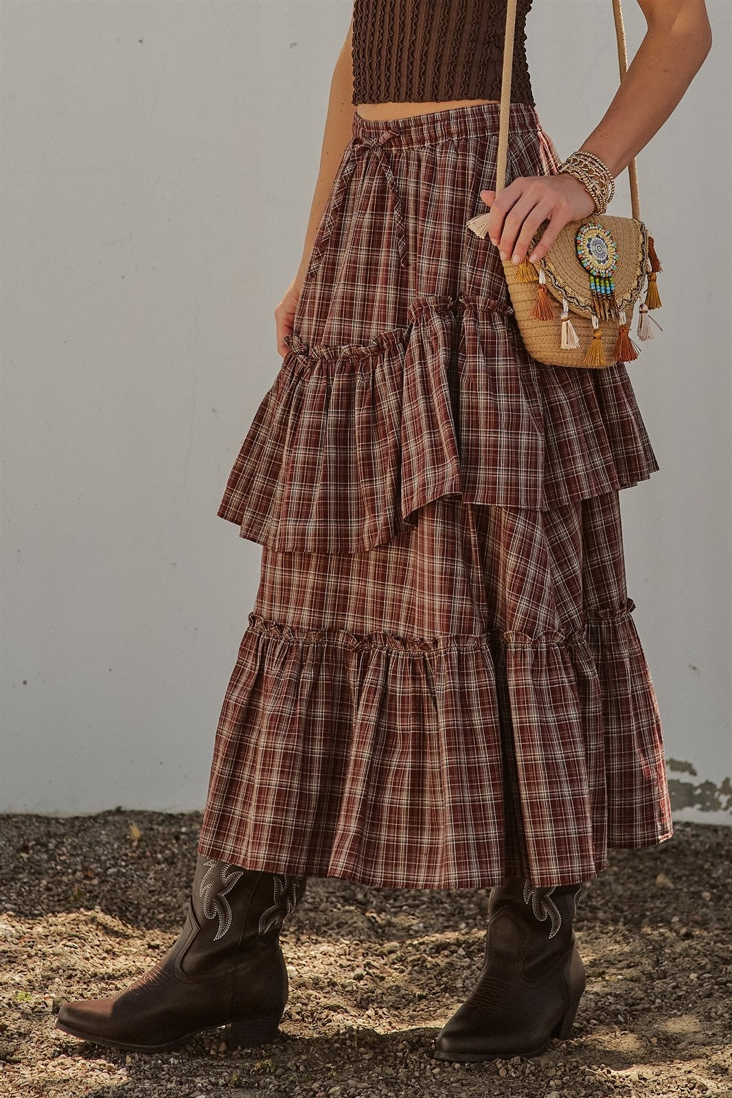 Plaid Tiered Ruffle Maxi Skirt Western Cowgirl Boho Long Ski in Brown - Women's Wholesale Skirts | Trend Notes