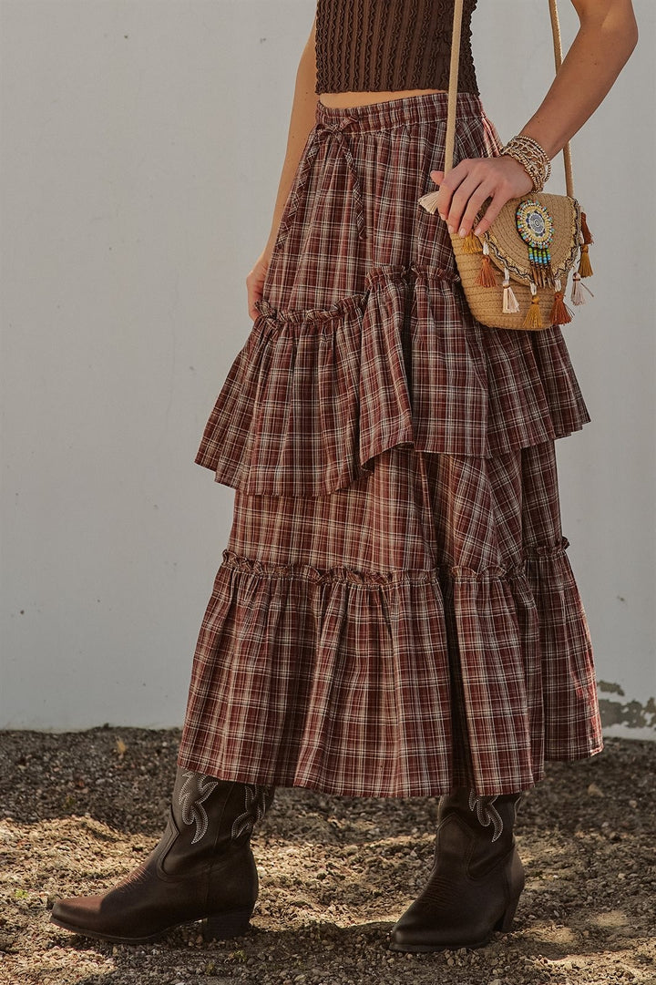 Plaid Tiered Ruffle Maxi Skirt Western Cowgirl Boho Long Ski in Brown - Women's Wholesale Skirts | Trend Notes
