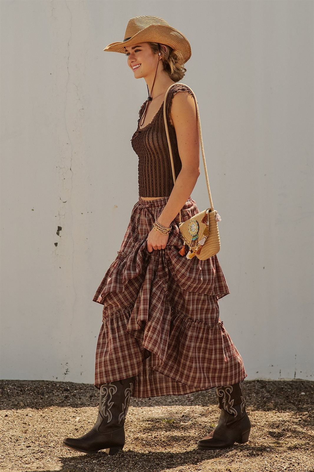 Plaid Tiered Ruffle Maxi Skirt Western Cowgirl Boho Long Ski in Brown - Women's Wholesale Skirts | Trend Notes
