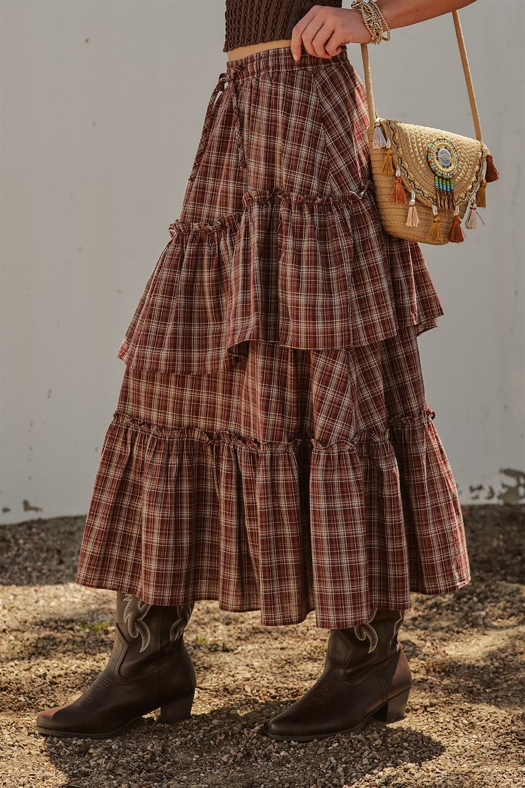 Plaid Tiered Ruffle Maxi Skirt Western Cowgirl Boho Long Ski in Brown - Women's Wholesale Skirts | Trend Notes