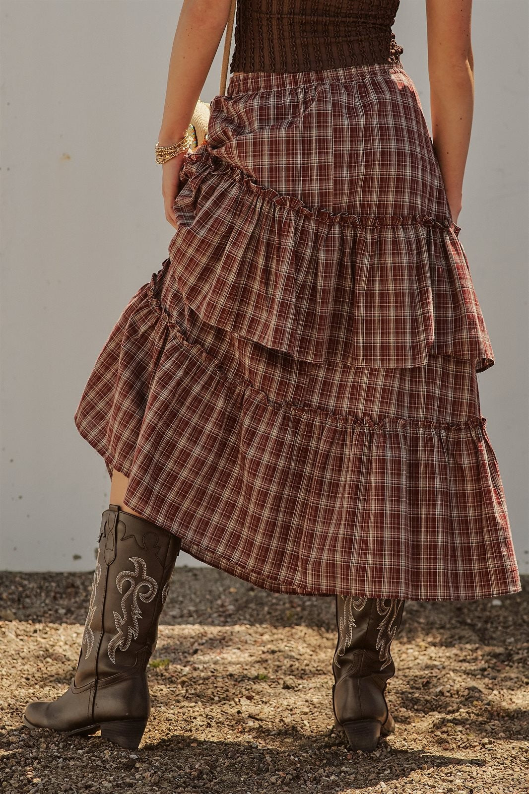 Plaid Tiered Ruffle Maxi Skirt Western Cowgirl Boho Long Ski in Brown - Women's Wholesale Skirts | Trend Notes