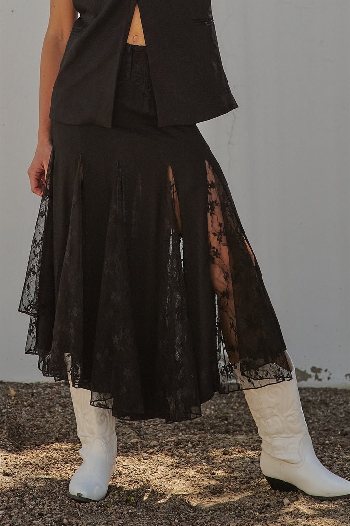Lace Insert Godet Maxi Skirt Western Coastal Cowgirl Cottage in Black - Women's Wholesale Skirts | Trend Notes