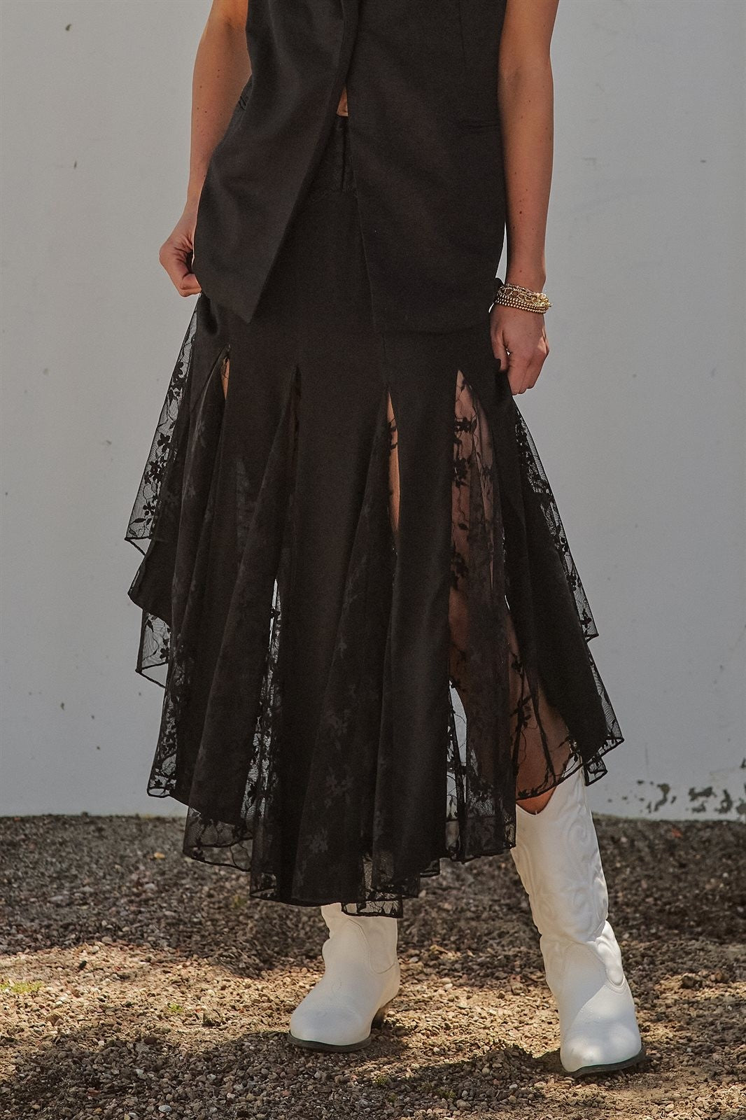 Lace Insert Godet Maxi Skirt Western Coastal Cowgirl Cottage in Black - Women's Wholesale Skirts | Trend Notes