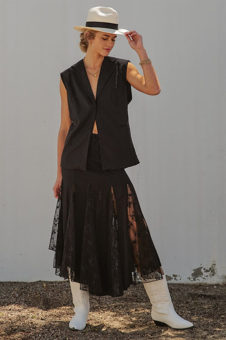 Lace Insert Godet Maxi Skirt Western Coastal Cowgirl Cottage in Black - Women's Wholesale Skirts | Trend Notes