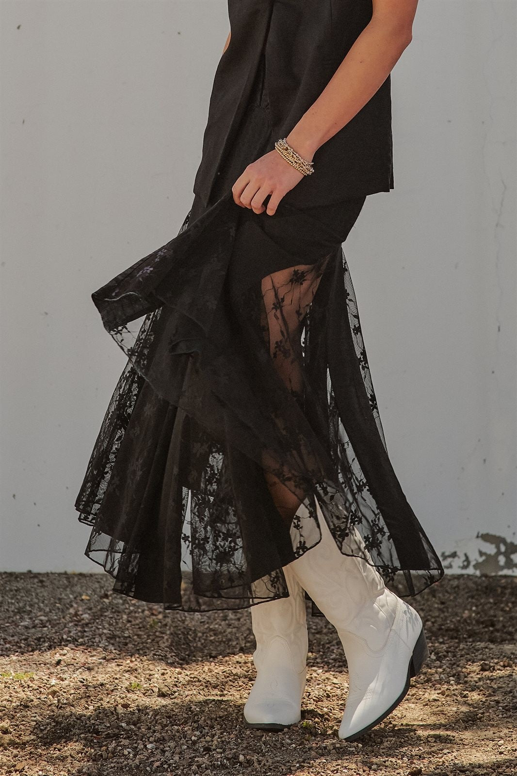 Lace Insert Godet Maxi Skirt Western Coastal Cowgirl Cottage in Black - Women's Wholesale Skirts | Trend Notes