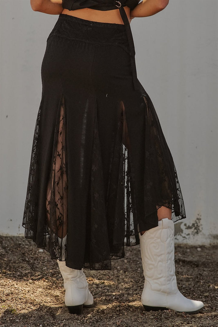 Lace Insert Godet Maxi Skirt Western Coastal Cowgirl Cottage in Black - Women's Wholesale Skirts | Trend Notes