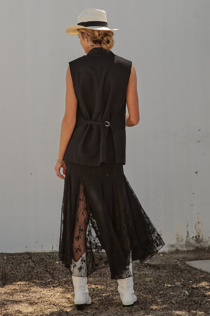 Lace Insert Godet Maxi Skirt Western Coastal Cowgirl Cottage in Black - Women's Wholesale Skirts | Trend Notes