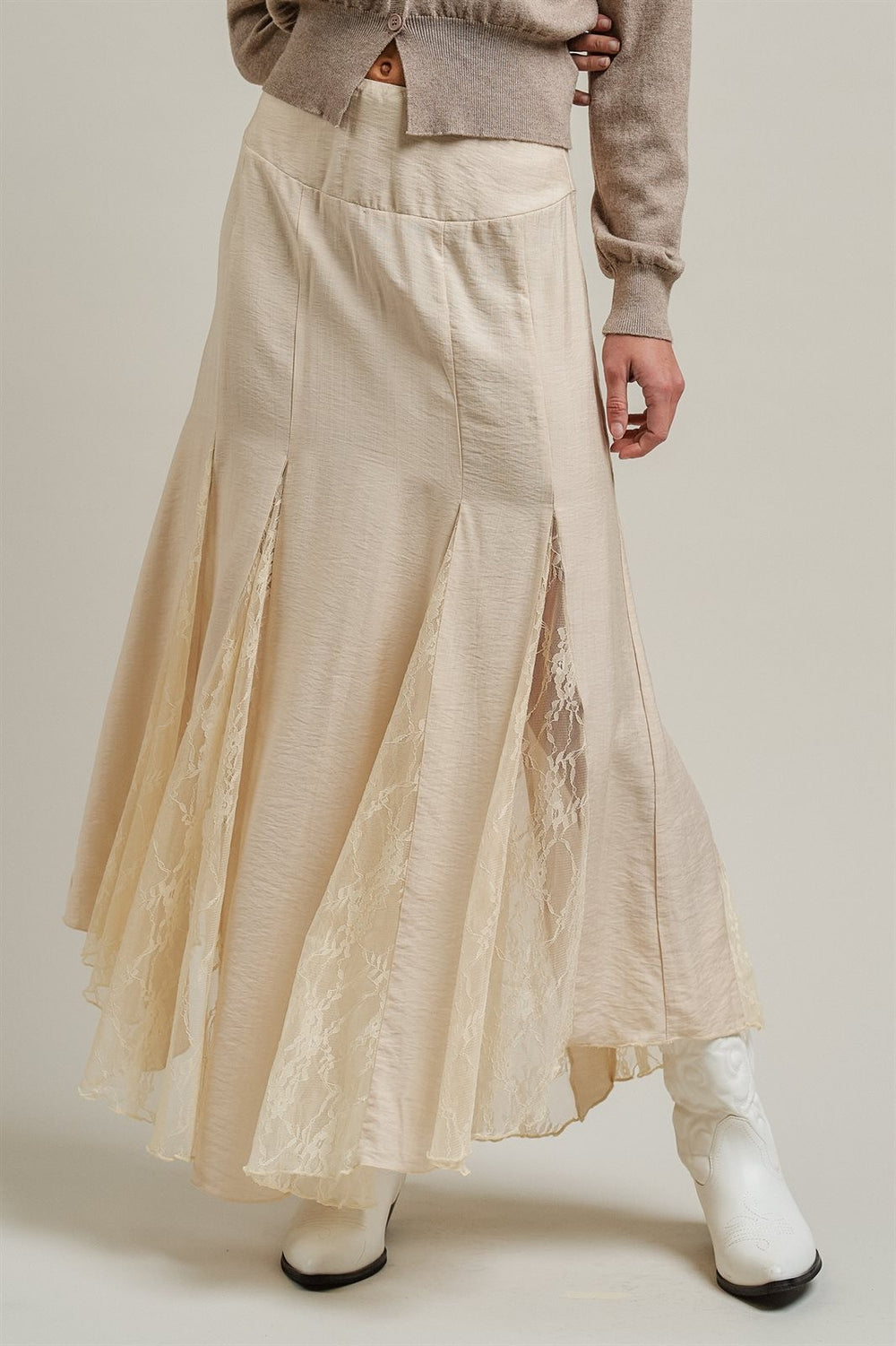 Lace Insert Godet Maxi Skirt Western Coastal Cowgirl Cottage in Champagne - Women's Wholesale Skirts | Trend Notes