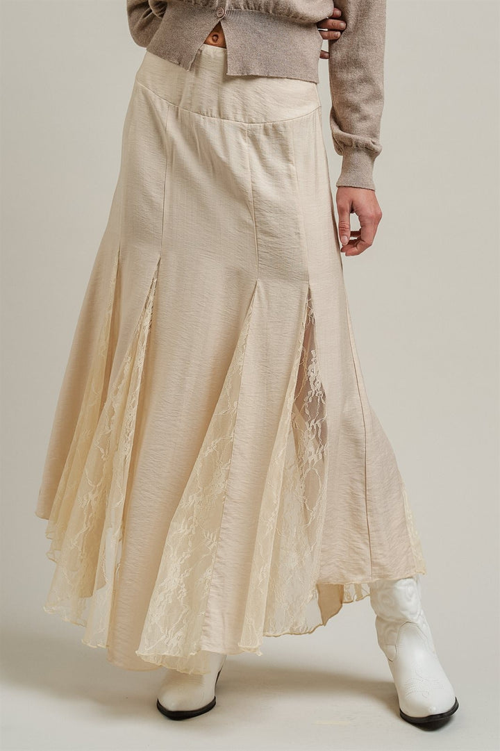 Lace Insert Godet Maxi Skirt Western Coastal Cowgirl Cottage in Champagne - Women's Wholesale Skirts | Trend Notes