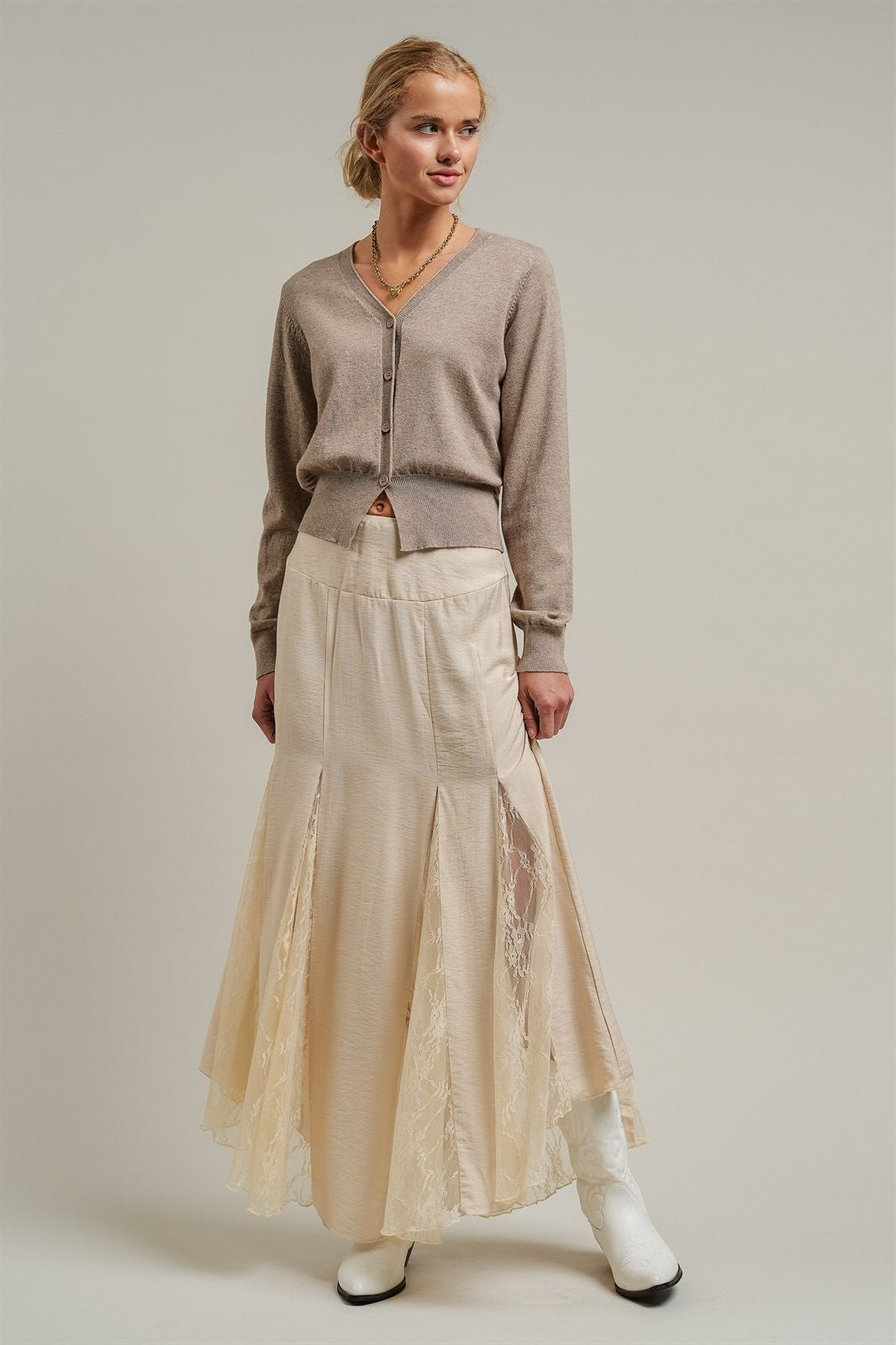 Lace Insert Godet Maxi Skirt Western Coastal Cowgirl Cottage in Champagne - Women's Wholesale Skirts | Trend Notes