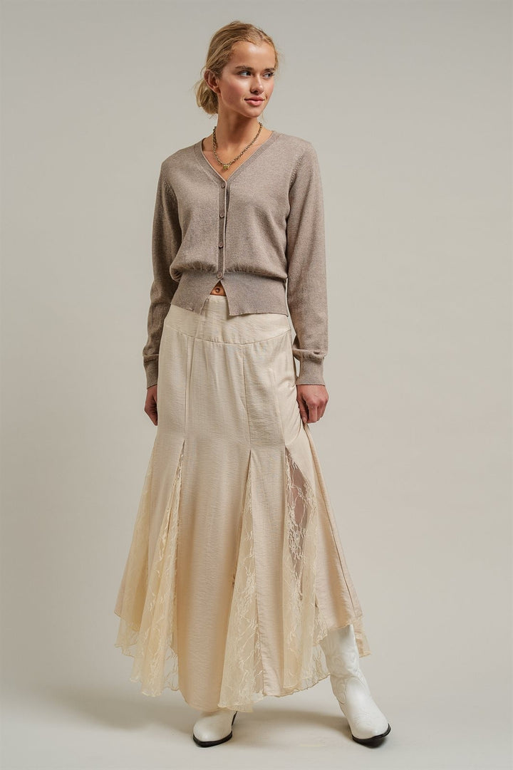 Lace Insert Godet Maxi Skirt Western Coastal Cowgirl Cottage in Champagne - Women's Wholesale Skirts | Trend Notes