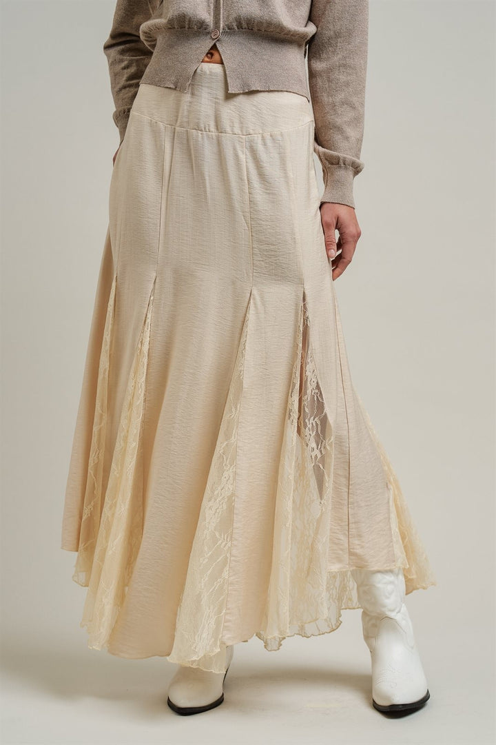 Lace Insert Godet Maxi Skirt Western Coastal Cowgirl Cottage in Champagne - Women's Wholesale Skirts | Trend Notes