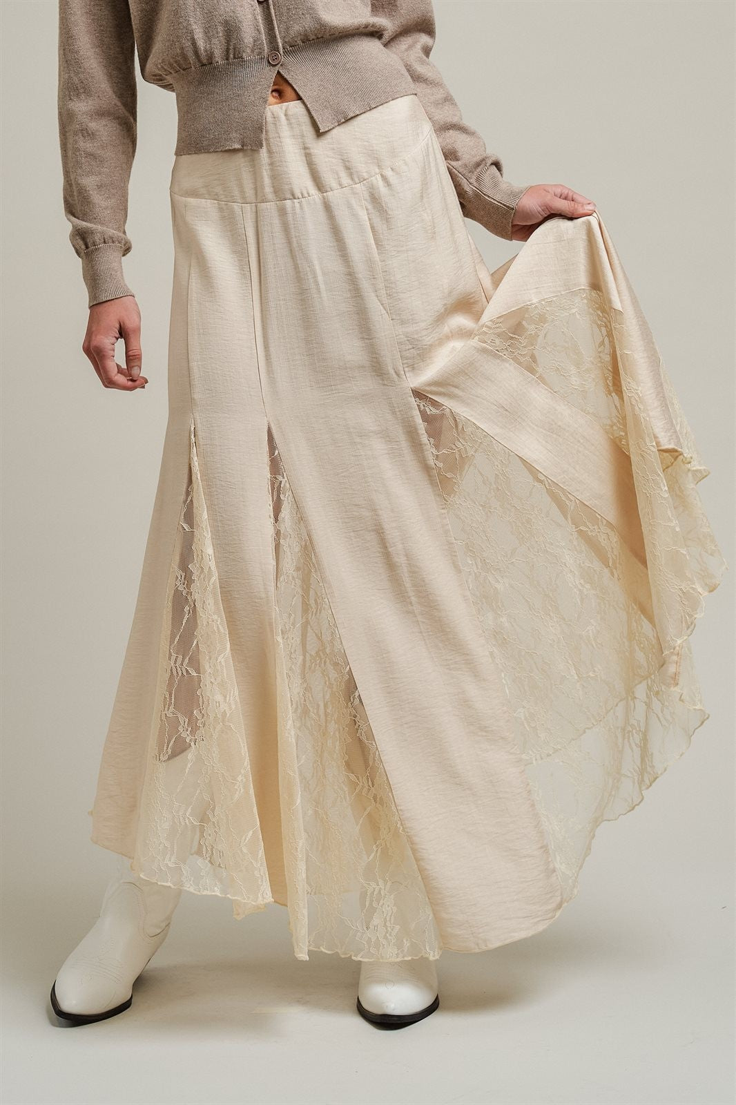Lace Insert Godet Maxi Skirt Western Coastal Cowgirl Cottage in Champagne - Women's Wholesale Skirts | Trend Notes
