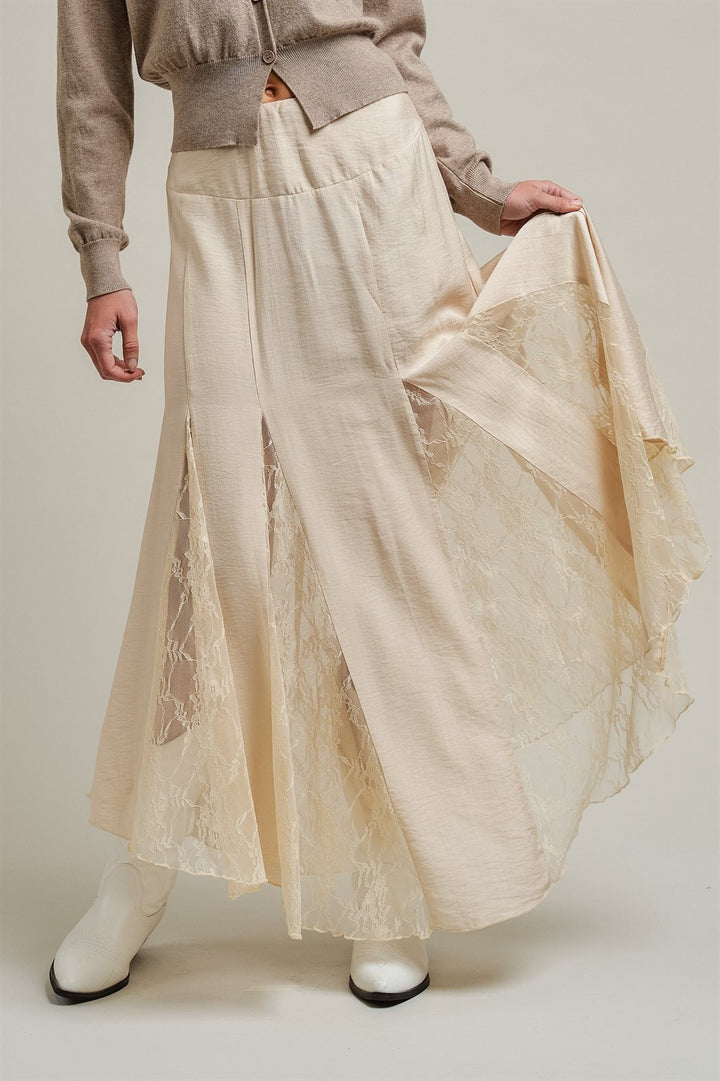 Lace Insert Godet Maxi Skirt Western Coastal Cowgirl Cottage in Champagne - Women's Wholesale Skirts | Trend Notes