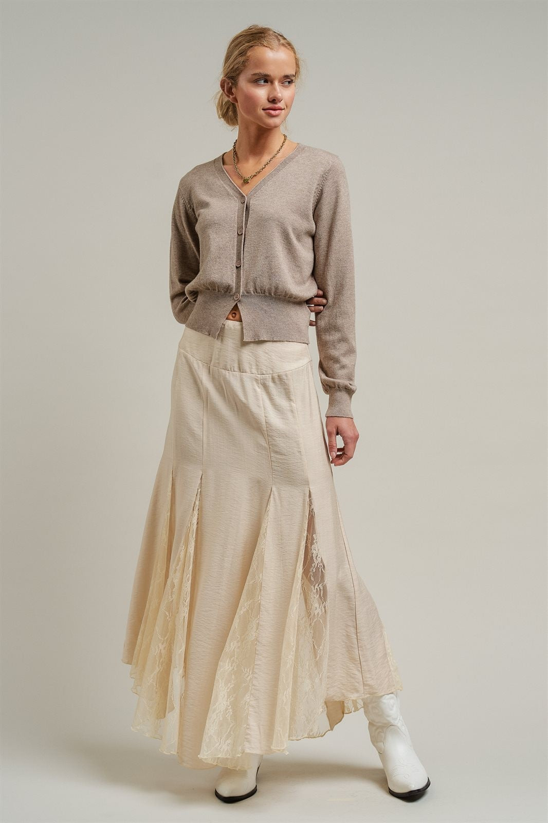 Lace Insert Godet Maxi Skirt Western Coastal Cowgirl Cottage in Champagne - Women's Wholesale Skirts | Trend Notes