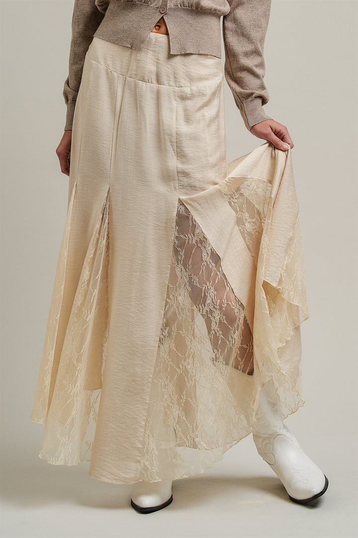 Lace Insert Godet Maxi Skirt Western Coastal Cowgirl Cottage in Champagne - Women's Wholesale Skirts | Trend Notes