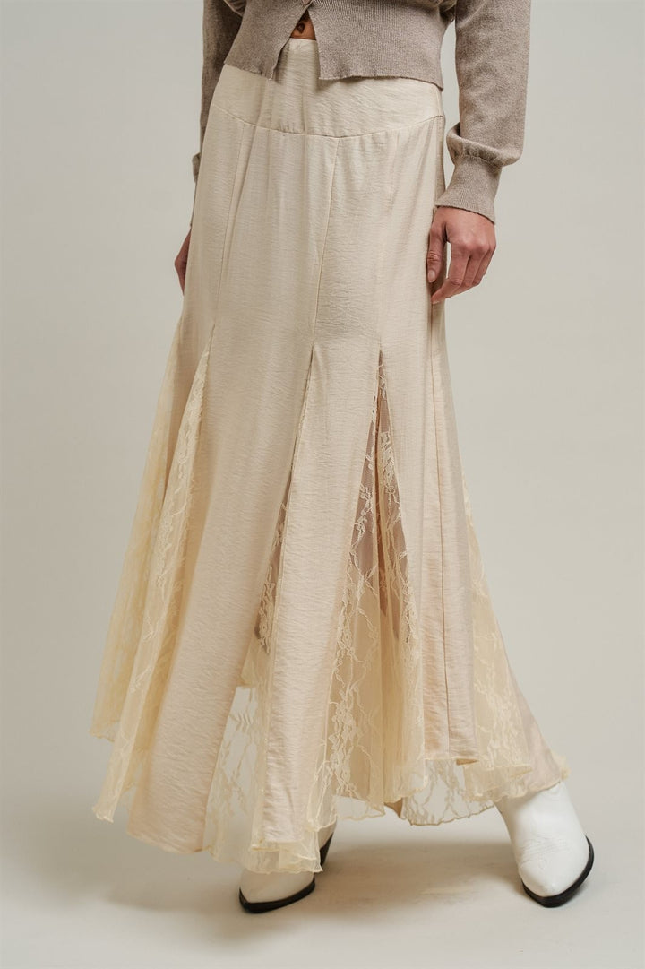Lace Insert Godet Maxi Skirt Western Coastal Cowgirl Cottage in Champagne - Women's Wholesale Skirts | Trend Notes