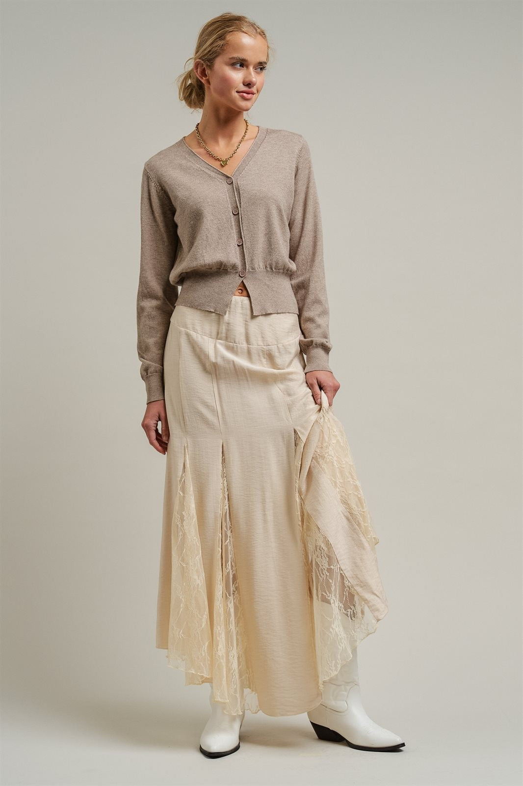 Lace Insert Godet Maxi Skirt Western Coastal Cowgirl Cottage in Champagne - Women's Wholesale Skirts | Trend Notes