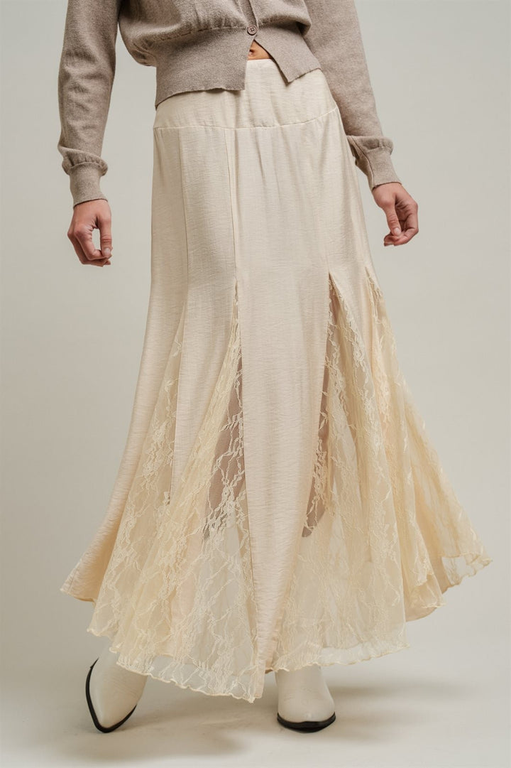 Lace Insert Godet Maxi Skirt Western Coastal Cowgirl Cottage in Champagne - Women's Wholesale Skirts | Trend Notes